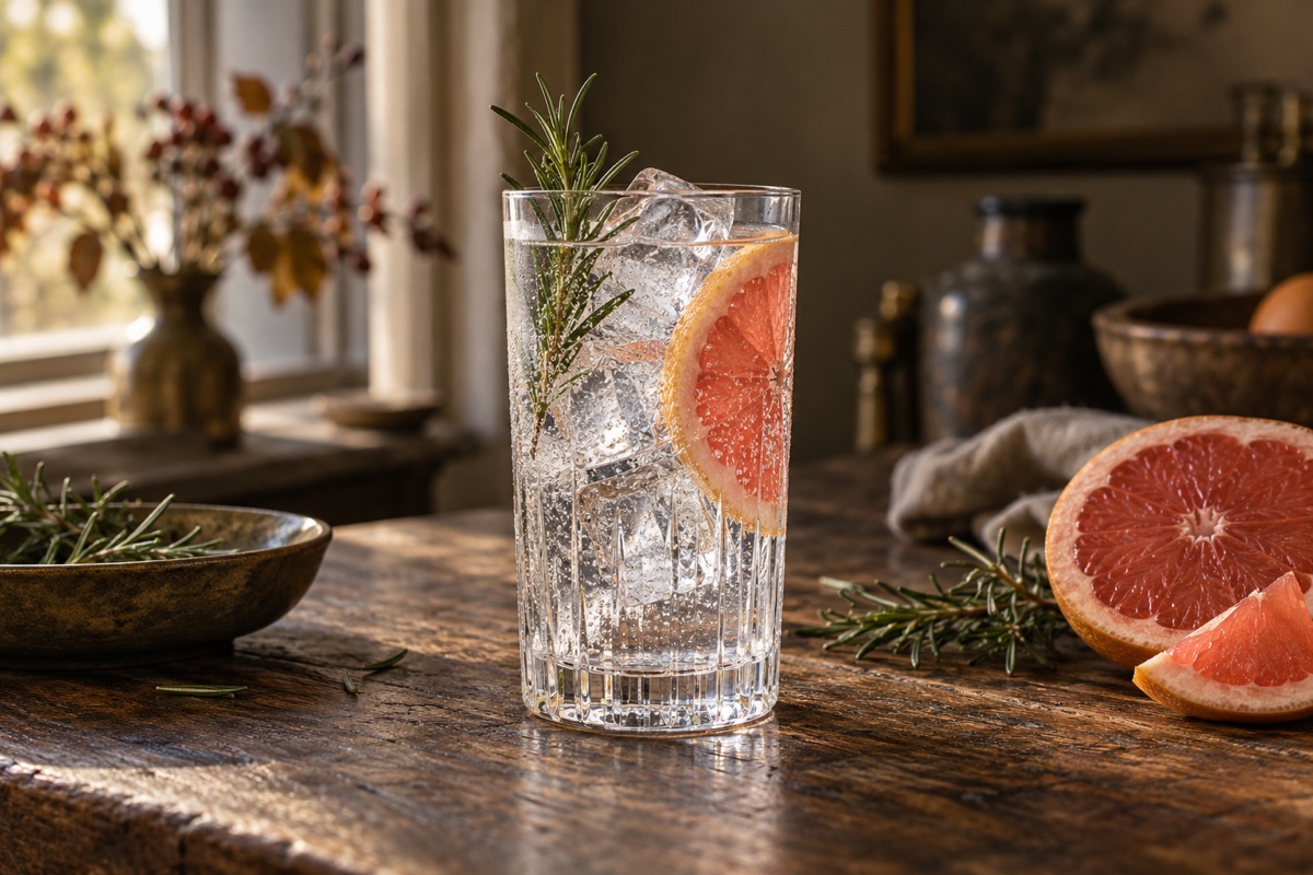Gin och tonic med grapefrukt, is och rosmarin. AI-genererad illustration.