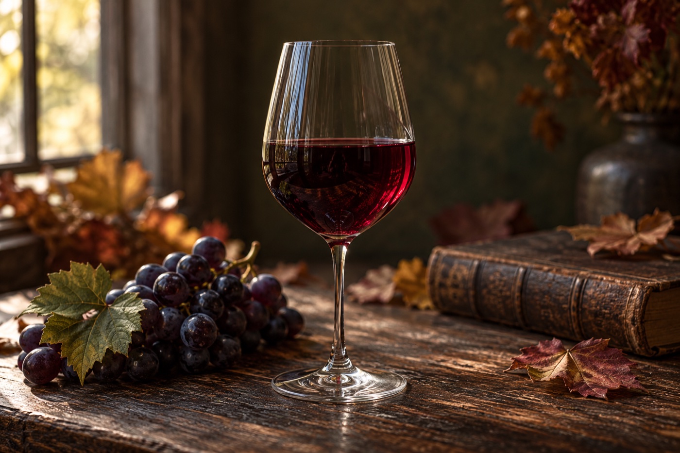 Ett glas rubinrött vin med vindruvor på ett träbord i varmt höstljus. AI-genererad illustration.